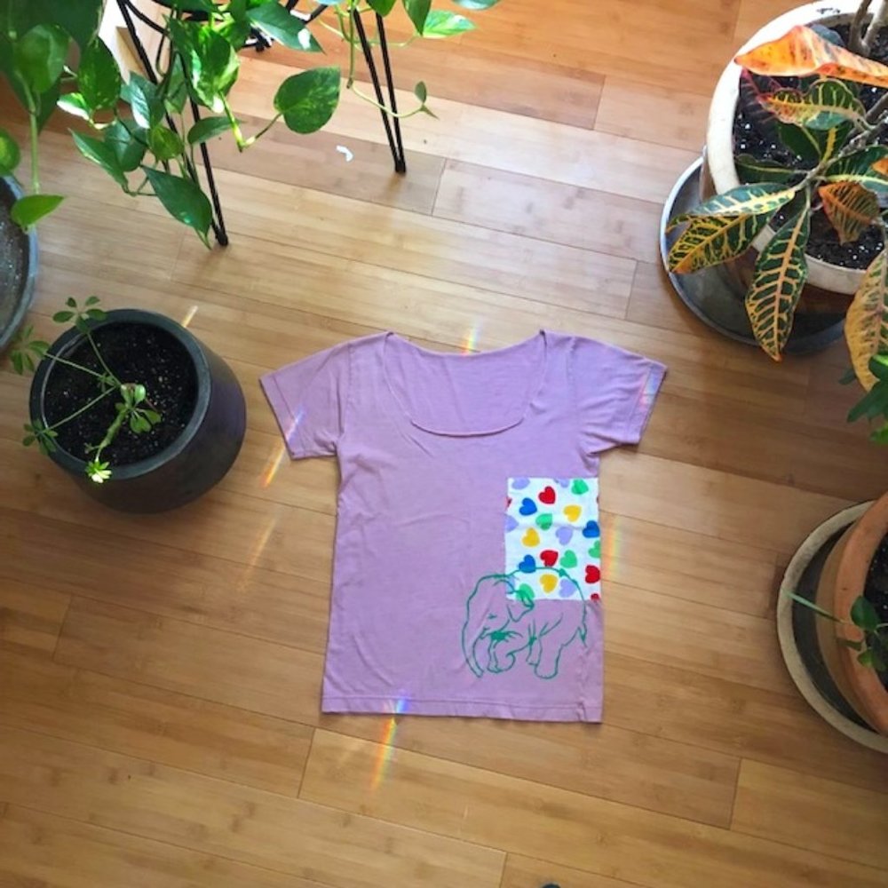Handmade T-shirt Screen-Printed Elephant and Heart Patch